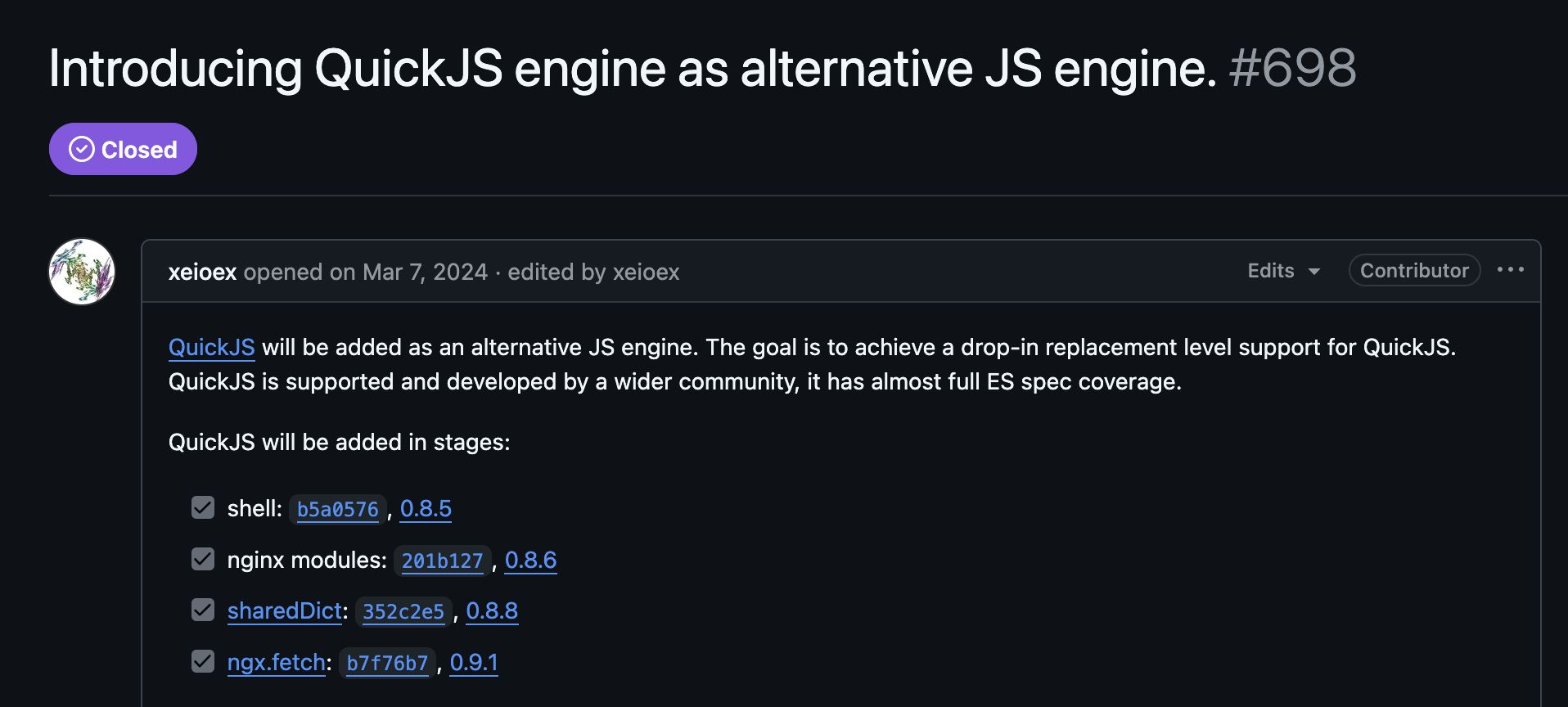 Screenshot of Github issue description. Shows that they added QuickJS as JS engine