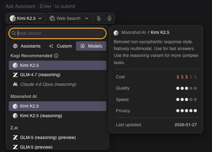 A list of available AI models for Pro subscription, like Kimi K2.5, Claude, ChatGPT small models and more